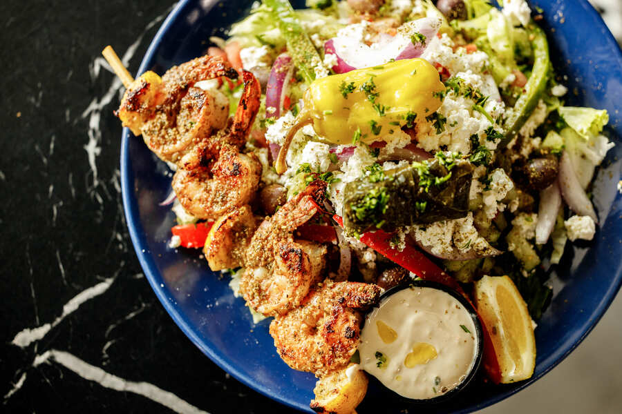 Greek Salad with Shrimp Kebab